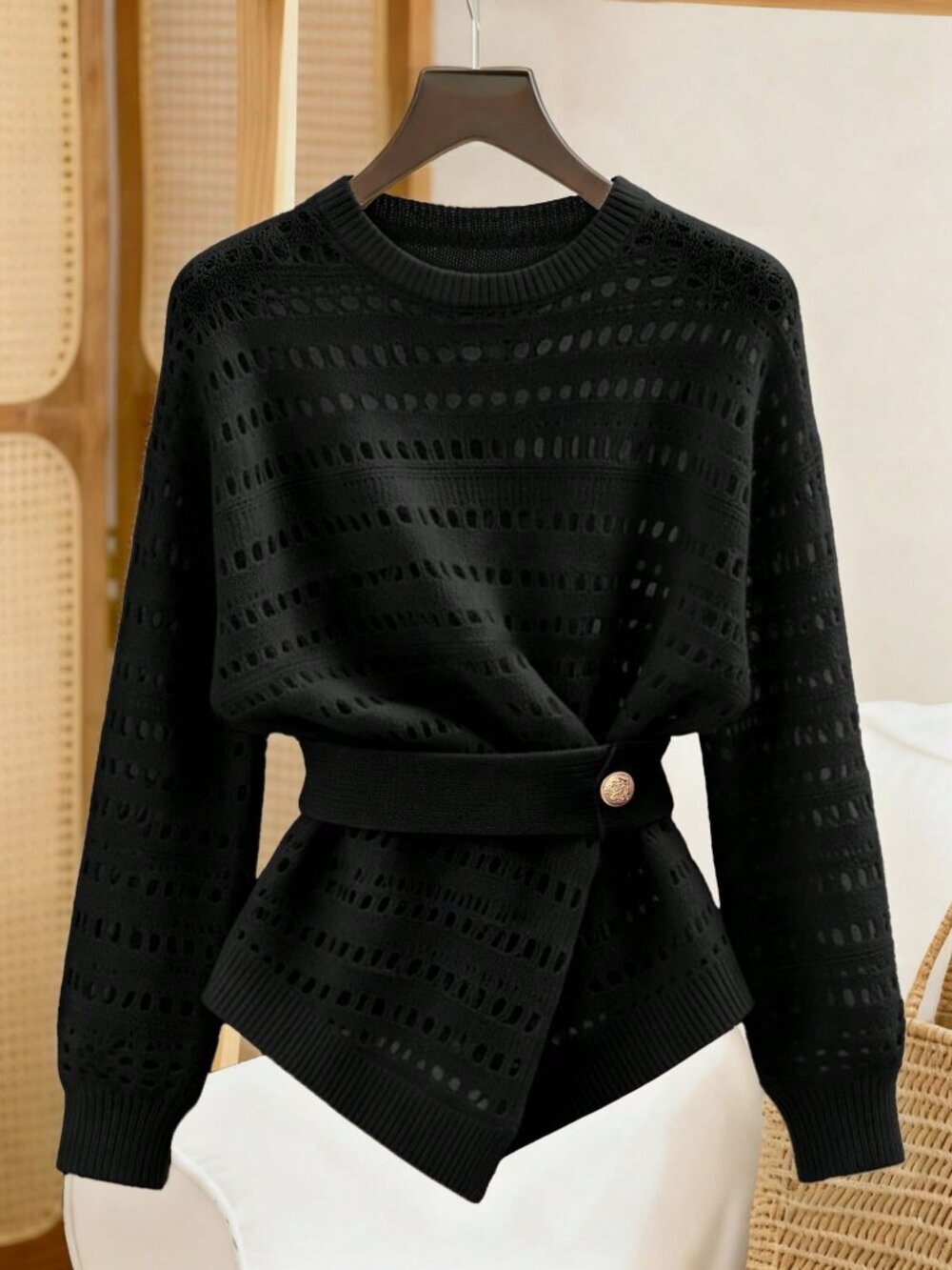 Black Casual Elegant Women's Round Neck Drop Shoulder Long Sleeve Knit Pullover